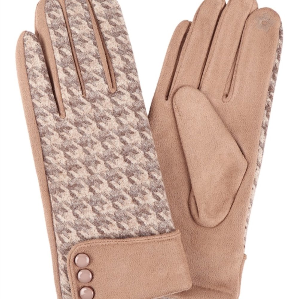 Womens houndstooth print warm smart touch gloves button details - tan - Picture 8 of 9